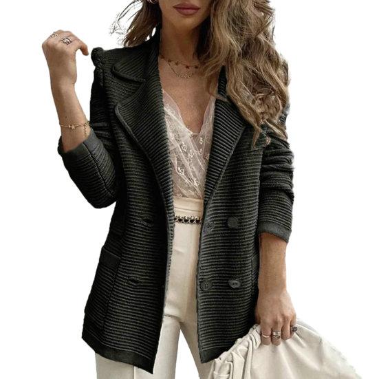 Women Fall Winter Coat Double-breasted Solid Color Thick Soft Warm Turn-down Collar Cardigan Buttons Pockets Mid Length OL Commute Style Lady Jacket
