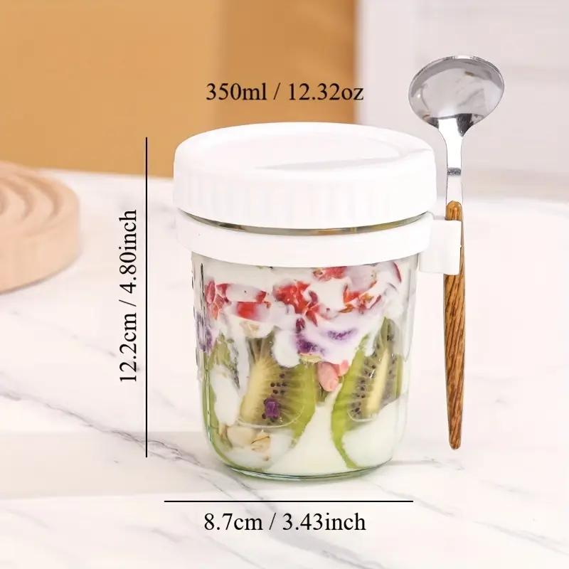Portable Glass 2pcs 350ml Overnight Oats Cup with Spoon - Breakfast Cup - Salad Jar Yogurt Cup 12.32oz