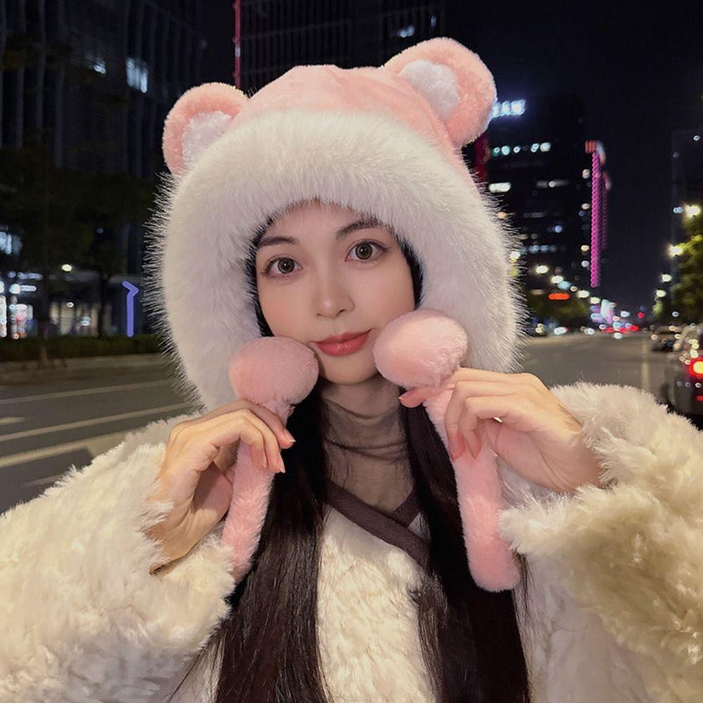 Velvet Lining Winter Hat Cute Bear Ears Bucket Hat Cold-proof Windproof Hat Women