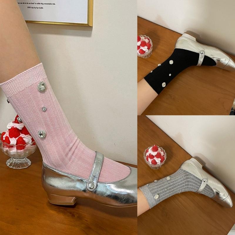 Womens Ribbed Crew Socks, Thin Comfort Breathable Rhinestone Socks, Above Ankle Crew Socks for Womens Schoold Girl