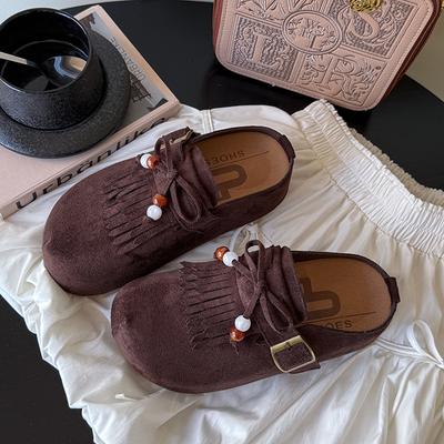 Мода 2025 Весна-осень Модные цельные туфли на толстой подошве, увеличивающие рост, на полукаблуке, женские шлепанцы с повязкой в ретро-стиле