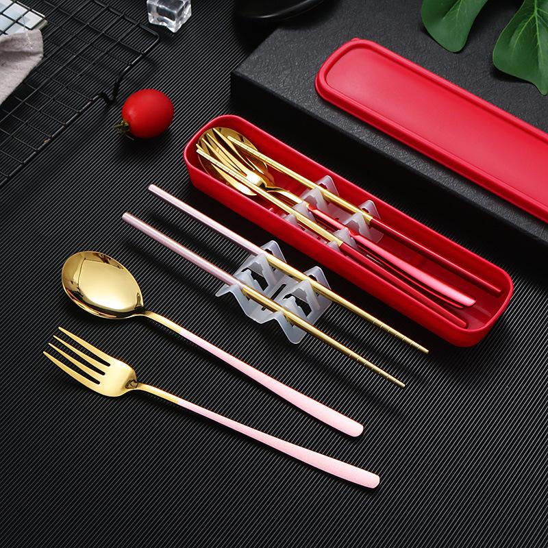 4 шт., дорожный набор столовых приборов, набор многоразовой посуды из нержавеющей стали 18/8 с футляром, портативная посуда, набор вилок, ложек и палочек для еды