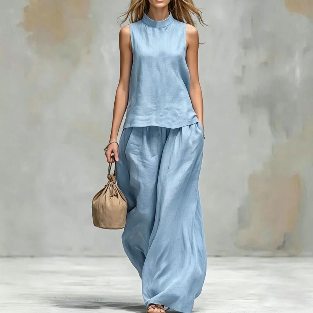 Cross-border 2026 Amazon Independent Station European and American women's stand-up collar cotton and linen solid color sleeveless top and pants