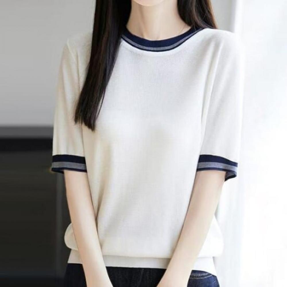 Navava Women Color Block Round Neck Short Sleeve Knit Tee Nk3013