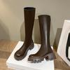 Ботинки на толстой подошве с плоским голенищем 2025 новые высокие ботинки на толстом каблуке, но для полных коленей, мм расширенные, с задней молнией, рыцарские ботинки