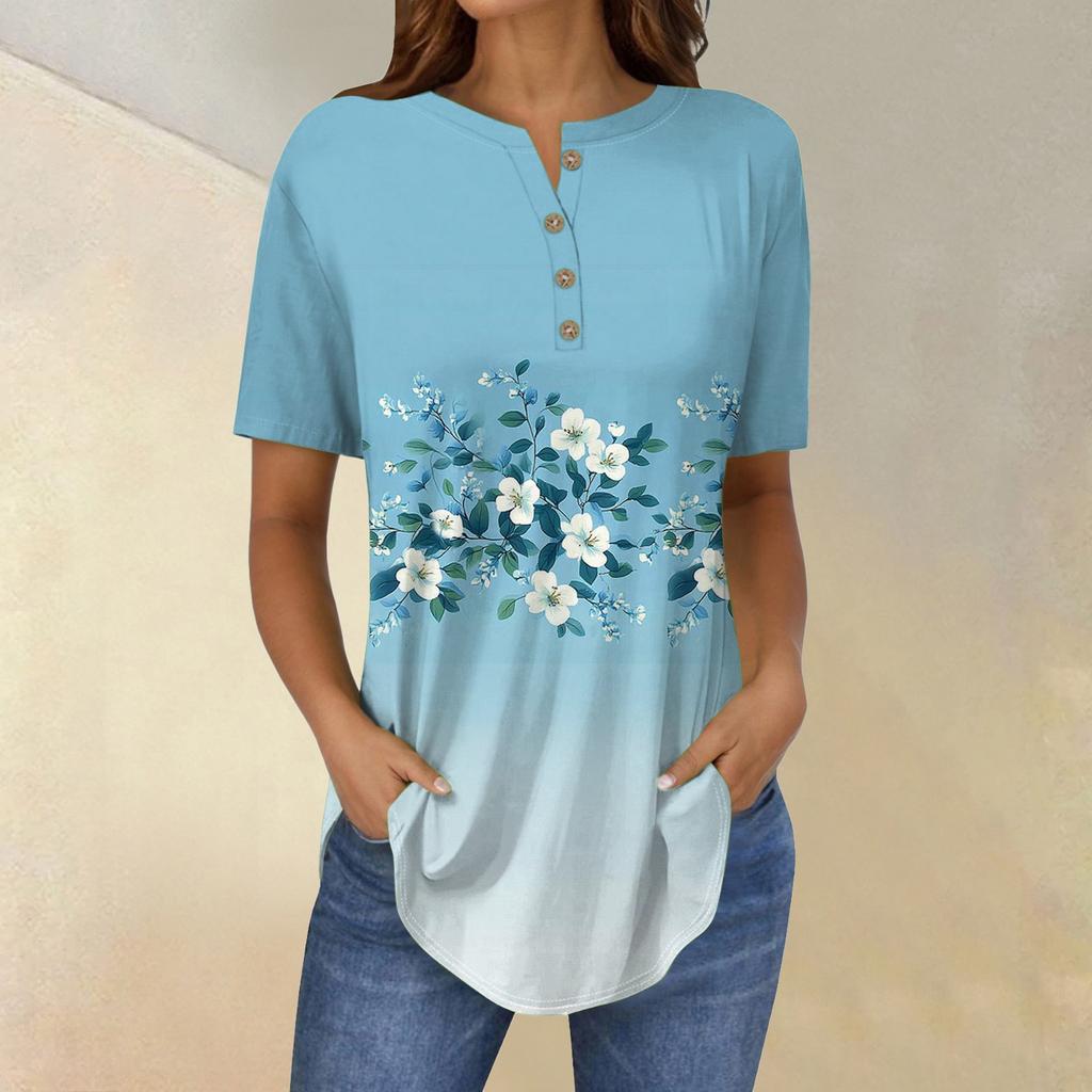 Short Sleeve Womens Tops Summer T-Shirts Floral Print V Neck Casual Basic Tee Button Shirts Tunic Tops