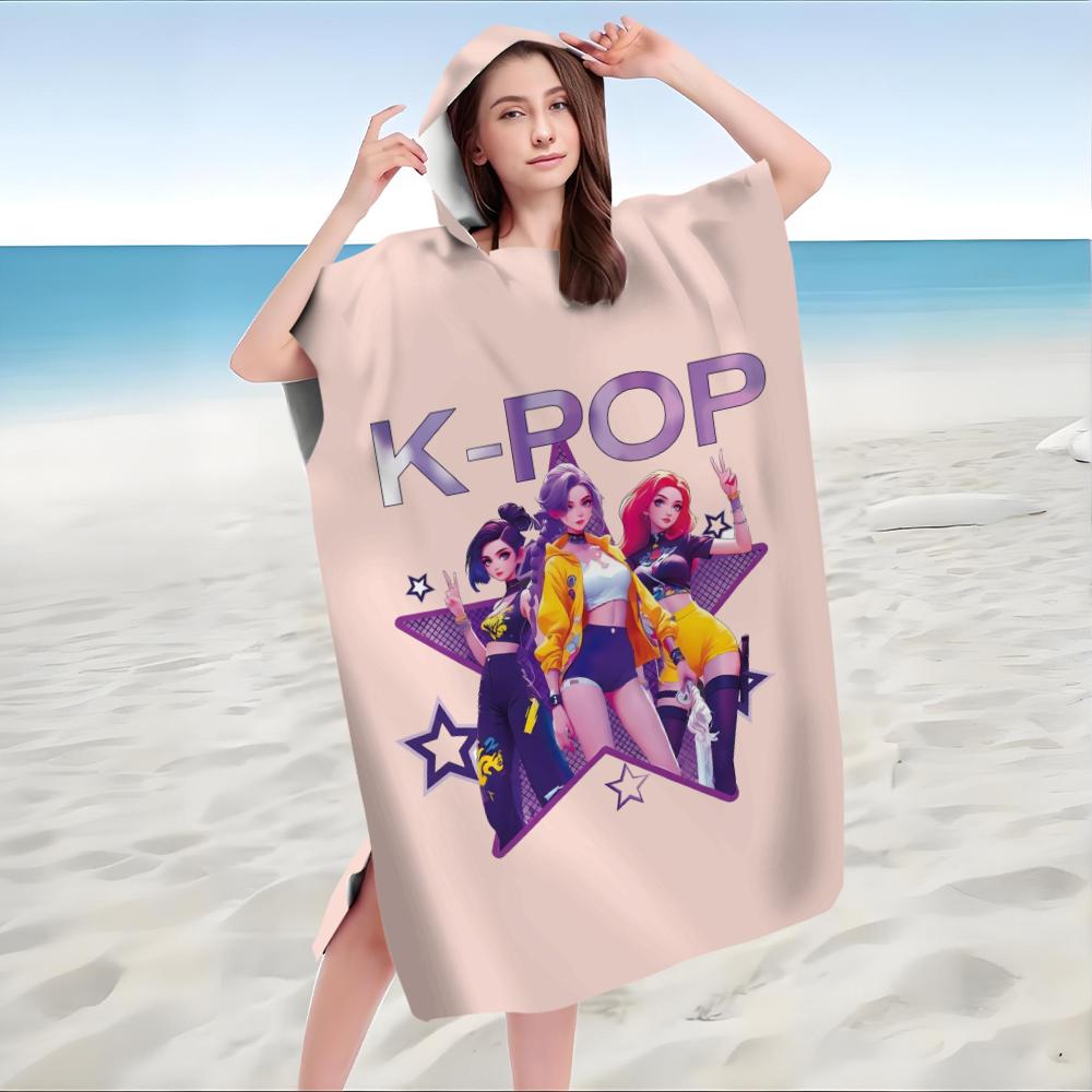 1pc K-POP Group Kids Hooded Beach Towel Cartoon Star Print Quick Dry Microfiber Bath Towel for Swimming Pool Bath
