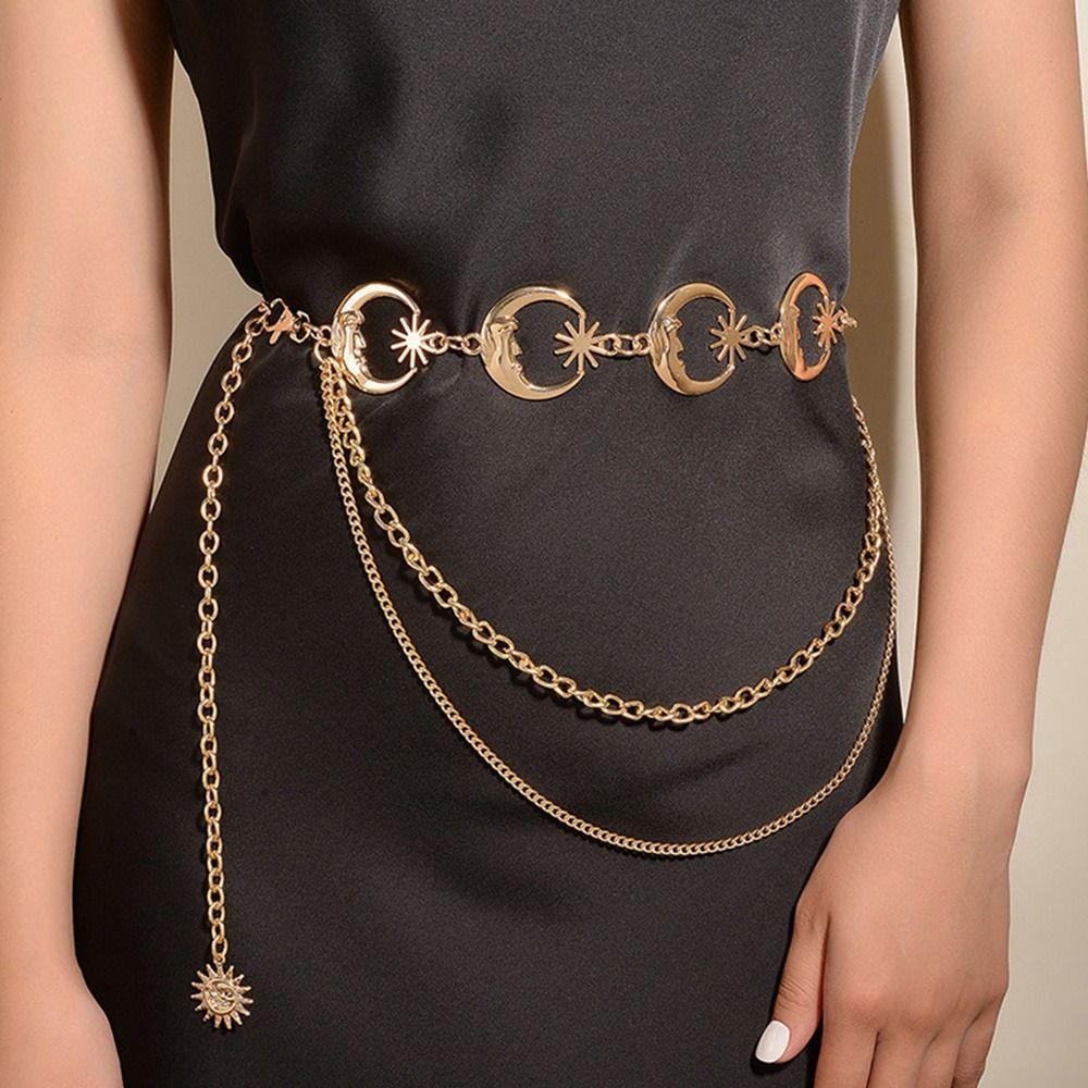 Hip Hop Style Metal Punk Waist Chain Womans Layered Belt Dress Cummerbands Moon Star Waistband