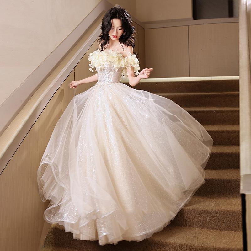 One-word shoulder champagne evening dress women's 1011 new high-end birthday party bar mitzvah graduation performance host