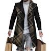 Lapel Long Sleeves Pockets Single-breasted Men Windbreaker Autumn Winter Mid-Length Plaid Patchwork Thickened Woolen Coat