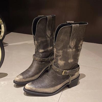 Новые винтажные ковбойские сапоги в стиле вестерн для женщин с металлической цепью, ковбойские сапоги, модная музыкальная фестивальная женская обувь, сапоги до середины икры