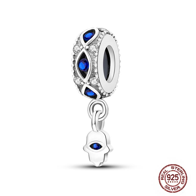 Round 925 Copper Clasp Pave Clip Charms Blue Star Moon Butterfly Slide Safety Chains Spacer Beads Fits Original Bracelet Zircon