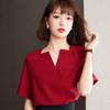 Красная шифоновая рубашка с короткими рукавами, женская летняя рубашка нового стиля, модный топ с V-образным вырезом