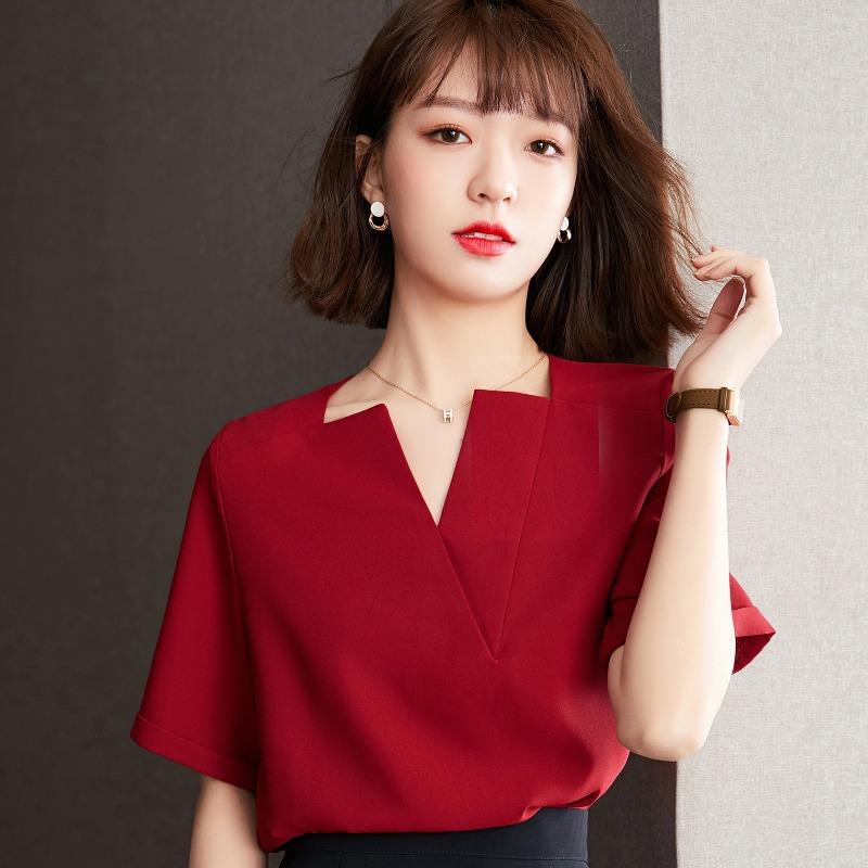 Красная шифоновая рубашка с короткими рукавами, женская летняя рубашка нового стиля, модный топ с V-образным вырезом