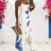 Women Plus Size Scoop Neck Strappy Sleeveless Blue White Printed A Line Long Dress