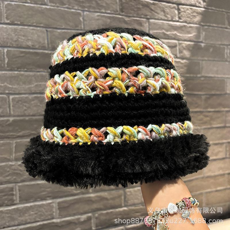 Bohemian style color woven plush edge basin hat women's autumn and winter thickened warm knitted sweet face small bucket hat