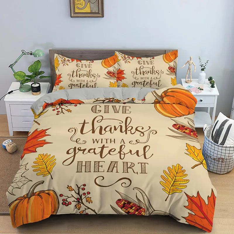 Autumn Thanksgiving Day Duvet Cover King Queen Cartoon Orange Pumpkin Turkey Bedding Set Maple Leaves Soft Polyester Quilt Cover