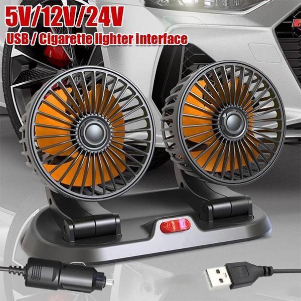 Car Plug Dual-Head Car Fan with Parking Numbers, Universal 5V/USB/12V/24V, Double-Head Rotatable Multi-Functional 2-Speed Adjustable Car Cooling Fan