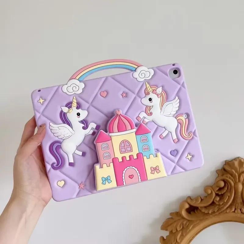 Детский чехол для iPad Pro mini Air Redmi pad и Samsung Galaxy Tab A7 Lite T220 A8 X200 A9 X110 A9+ X210 Замок Единорог с телескопической подставкой