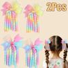 2Pcs Ribbon-Tassel Hair Clips Popular Sweet Rainbow Curly Ribbon Double Ponytail Hairpin Baby Girl Hair Accessories For Children