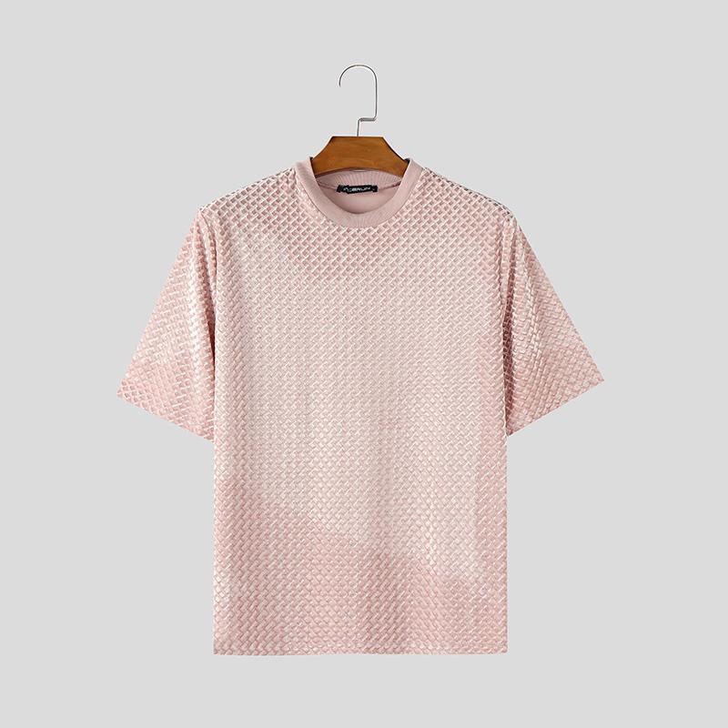 INCERUN Мужские летние футболки с коротким рукавом и текстурой, повседневные топы с круглым вырезом