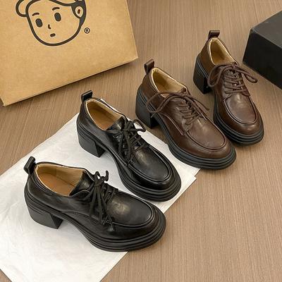 Версия из овчины~ ретро круглый носок на шнуровке толстый каблук одинарные туфли для работы универсальные черные маленькие кожаные туфли женские