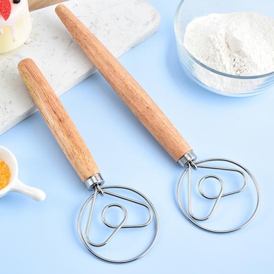 Dough Mixer Stainless Steel Dough Whisk with Wooden Handle Easy-to-clean Bread Whisk for Home Kitchen