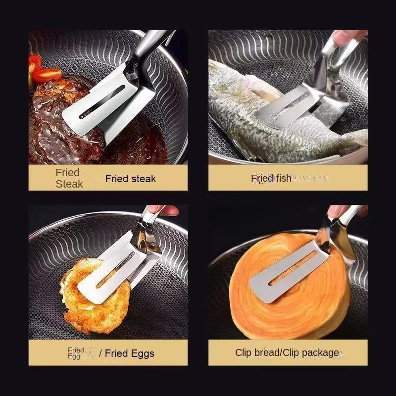 Food Grade 304 Stainless Steel Tong Non-Slip Grip Heat Resistant Fish BBQ Multi-Purpose Kitchen Turner Tool