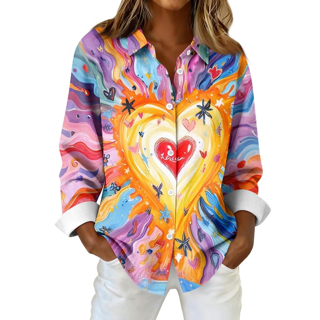 Женская рубашка-блузка с рождественским принтом и пуговицами, длинный рукав, повседневный базовый рубашечный воротник, обычный топ