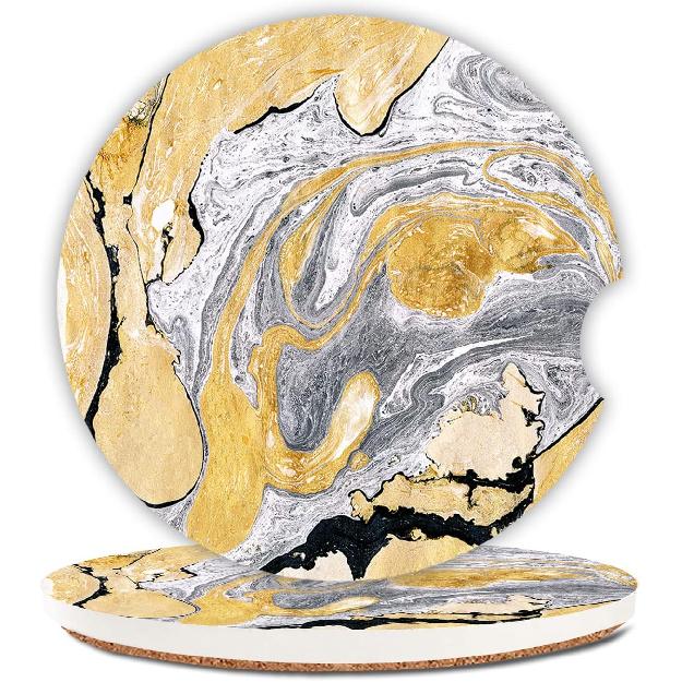 Ceramic Cup Holders Car Coasters for Women/Men,Cool Absorbent Drink Cup Car Holder Coasters with A Finger Notch 2.56" Pack of 2,Blue Marble Gold