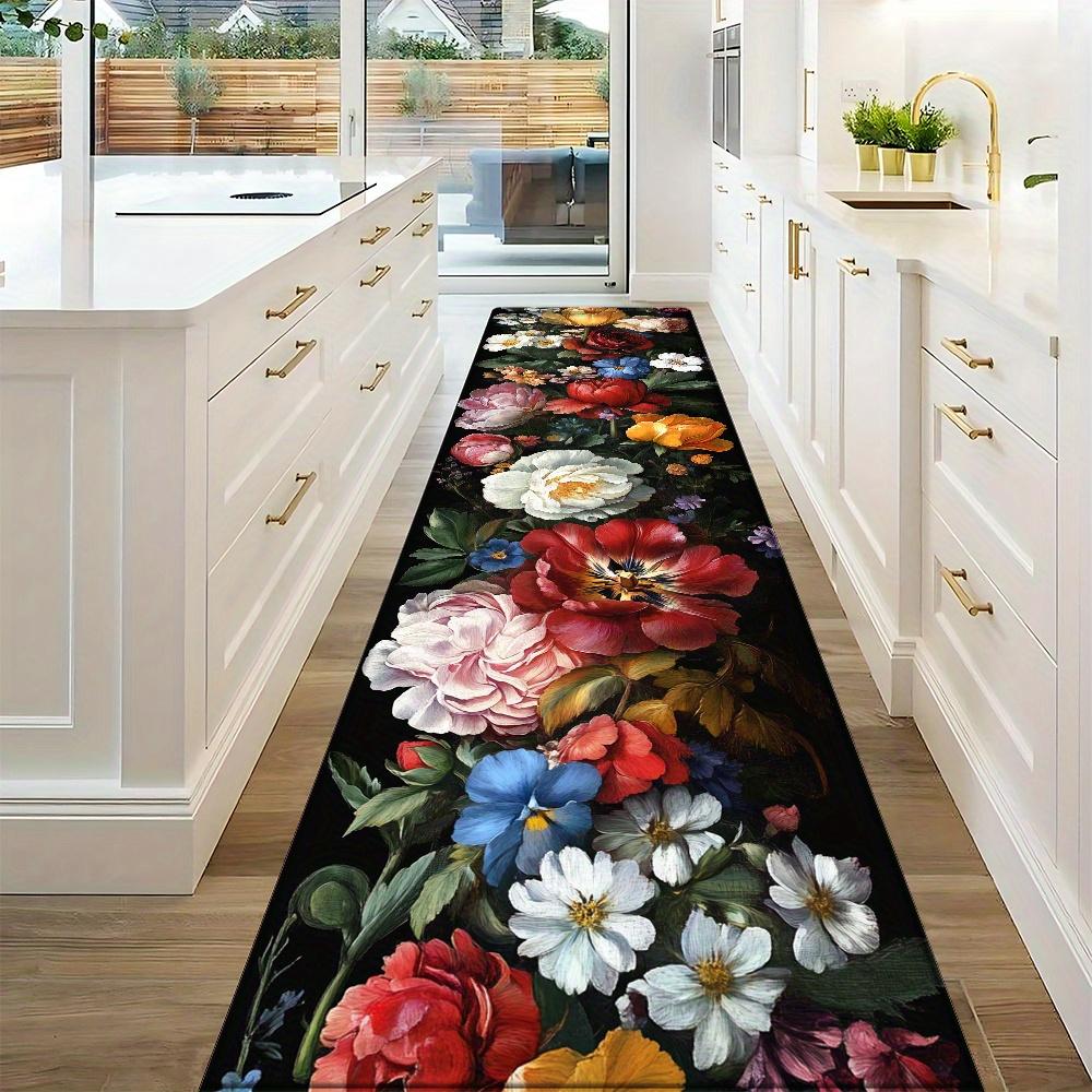 Vintage Dark Floral Oil Painting Print Runner Rug, Non-Slip Washable Durable Mat for Kitchen,Laundry Room,Entryway Dining Area