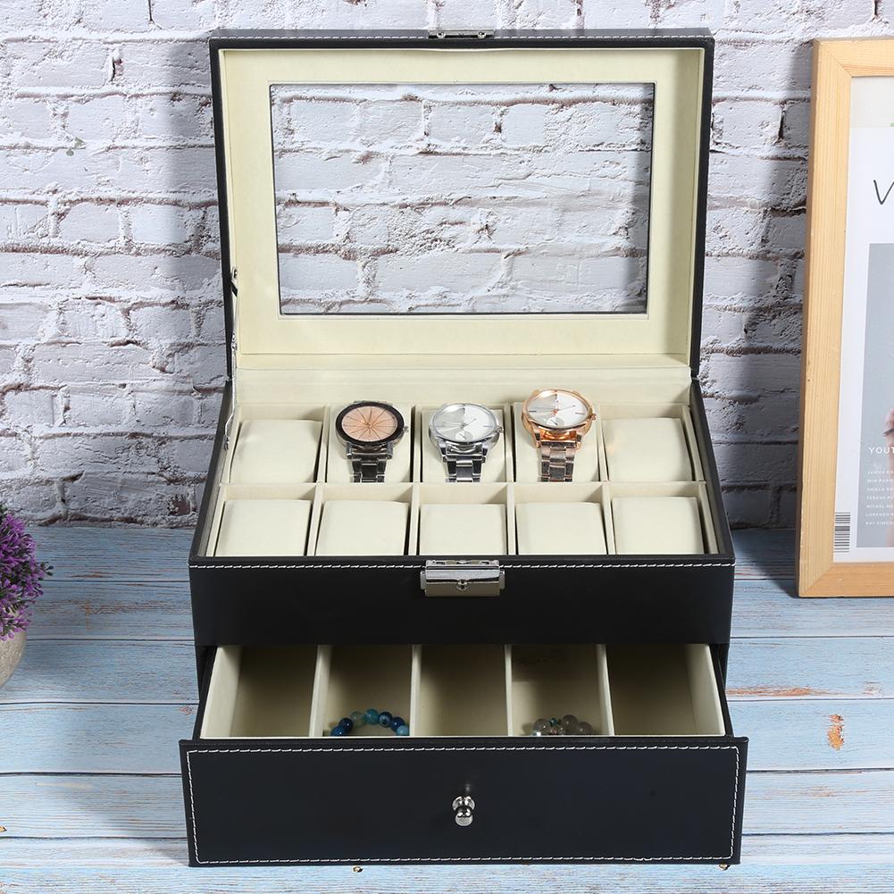 Двухслойный футляр для часов, футляр для хранения очков с 5 ячейками, футляр для часов с 10 ячейками (черный)
