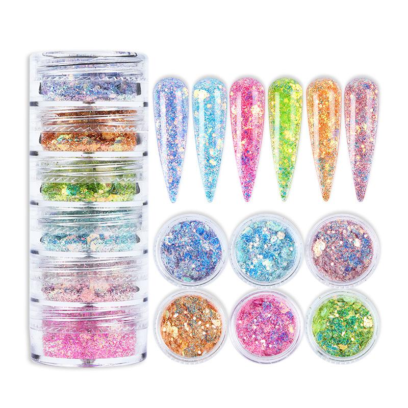 6 Colors Set Mixed Size Hexagon Gradient Nail Glitter Sequins Sparkly Spangles Nail Art Decoration