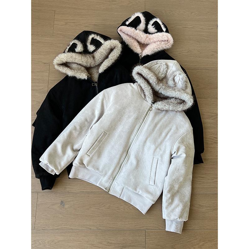 Куртка American Eagle с меховым воротником из замши и кошачьими ушками - Осенне-зимняя укороченная верхняя одежда с плюшем