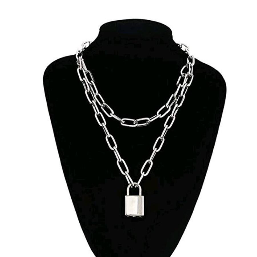 European and American personalized punk hip-hop jewelry, lock-shaped double-layer thick chain versatile sweater chain, geometric retro necklace