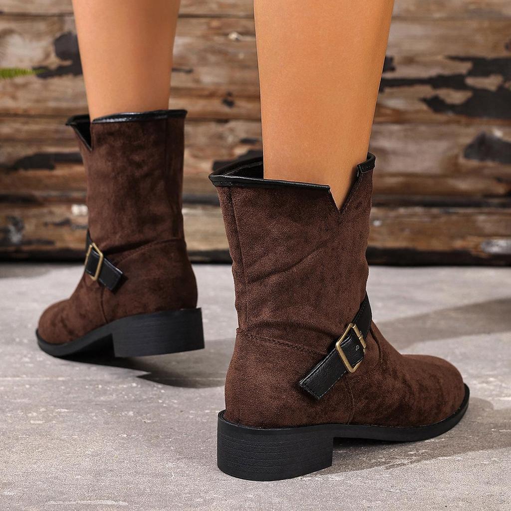 2025 Autumn/Winter Plus Size British Style Slip-On Chunky Heel Mid-Calf Boots for Women