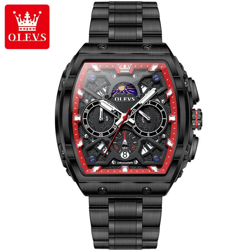 OLEVS Mens Chronograph Watch Original Tonneau Quartz Watch Waterproof Luminous Stainless Steel Watches For Men