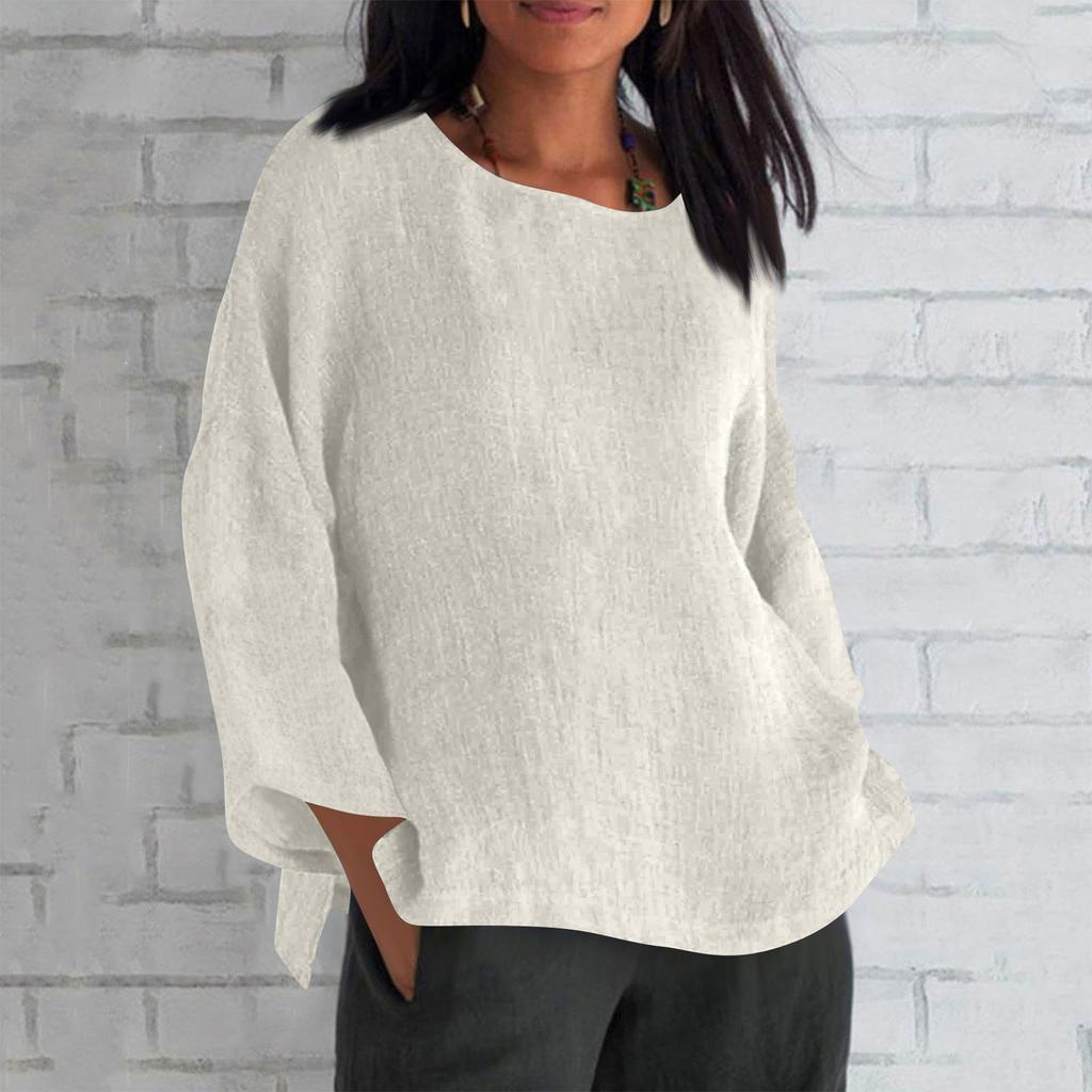 Women's Fashion Long Sleeve Round Neck Solid Colour Loose Casual Shirt Top