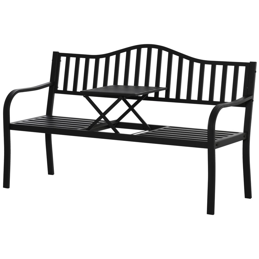 Metal Outdoor Bench with Liftable Middle Table. Patio Loveseat. Garden Bench for Garden. Porch. Seats 2–3 People. Black
