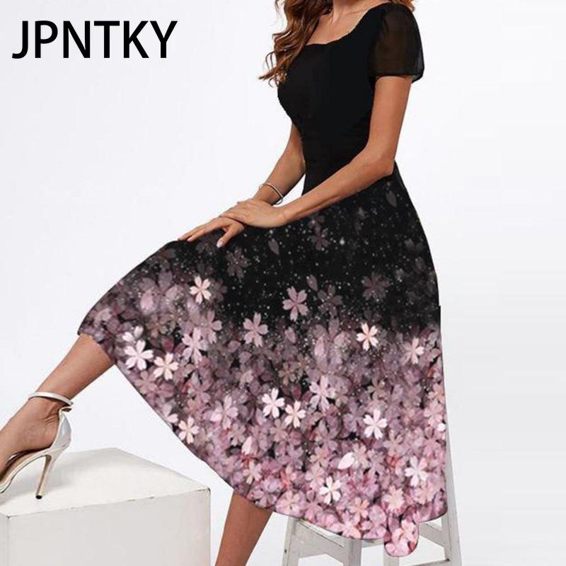 JPNTKY Women's Fashion Summer Spring Floral Print Short Sleeve U-Neck Casual Dresses
