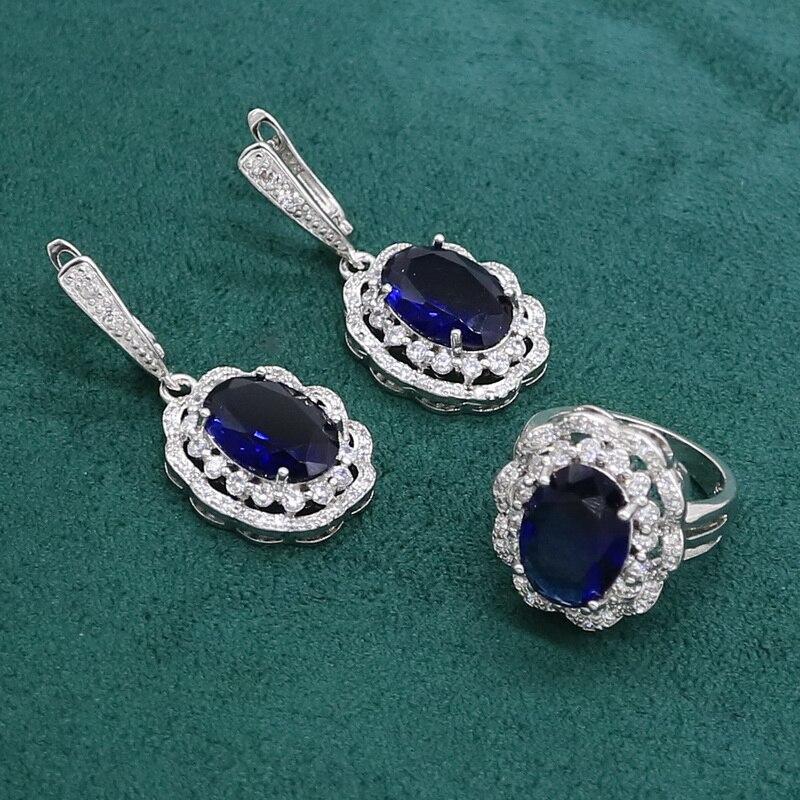 Синий сапфир серебряного цвета, комплект ювелирных изделий для женщин, свадебная вечеринка, браслет, серьги, ожерелье, кулон, кольцо, подарок на день рождения