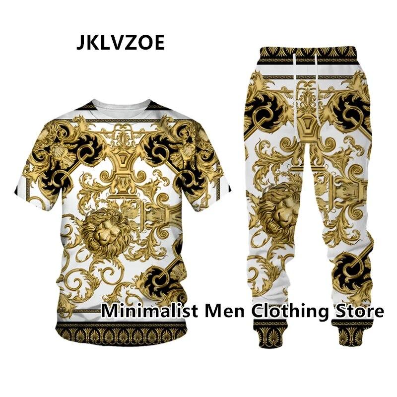 Мужской спортивный костюм, элитный бренд, футболка с коротким рукавом + длинные брюки, комплект из 2 предметов с золотистым 3D принтом, спортивная одежда для бега, повседневная уличная одежда