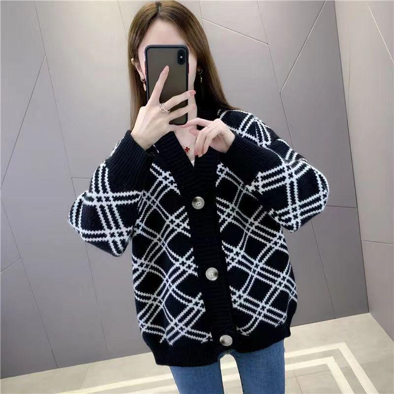 Ромбовидный контрастный вязаный кардиган, женский свитер, осень 2023, новый женский свитер, пальто, универсальный свободный свитер, кардиган, женский топ