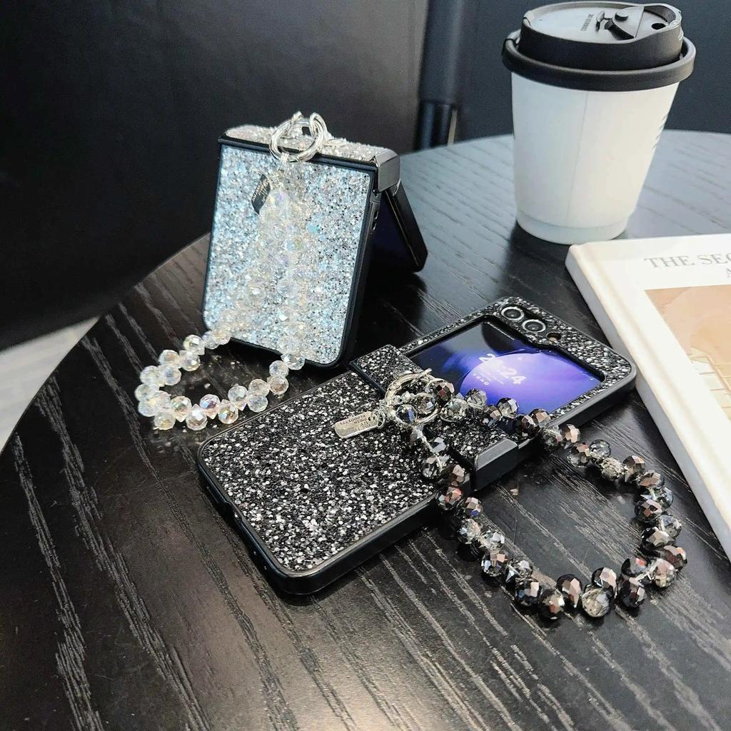 Bling Glitter PU Leather Cover with Bead Wrist Chain Strap Bracelet For Samsung Galaxy Z Flip 6 5 4 3 Phone Case
