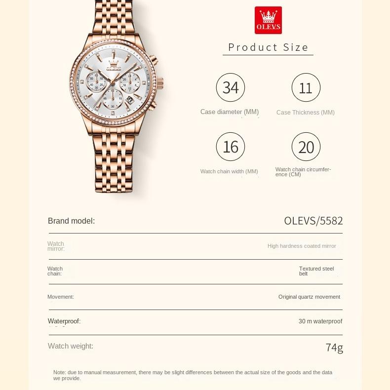 OLEVS Часы Многофункциональный хронограф Кварцевые часы Женские часы Женские часы