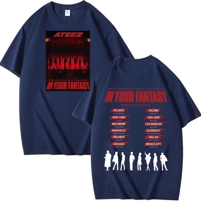 Футболка ATEEZ "In Your Fantasy" Stage Silhouette Tour, Силуэты участников спереди и список городов с белыми силуэтами сзади, Оверсайз футболка для фанатов K-Pop