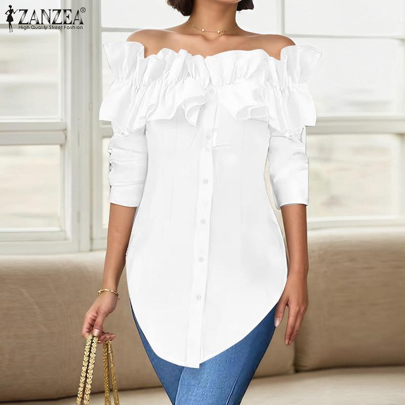 ZANZEA Women Casual Off Shoulder Long Sleeve Plain Blouse