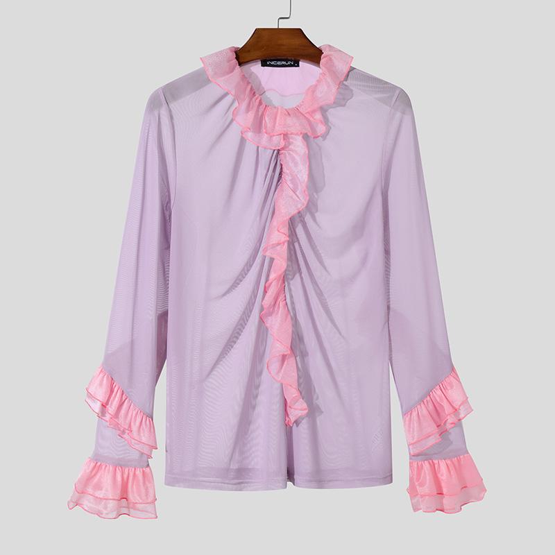 INCERUN Мужские прозрачные топы с длинным рукавом и оборками по низу, сетчатые рубашки для вечеринок