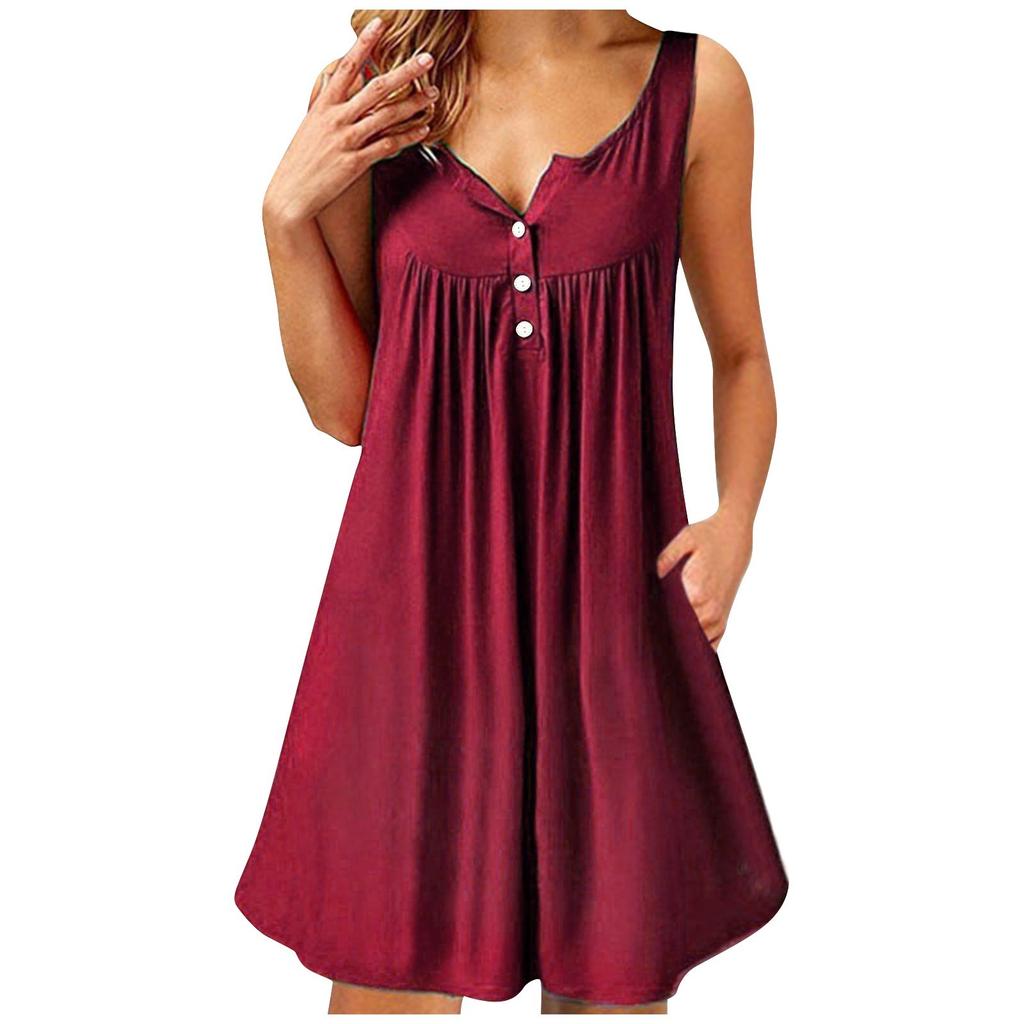 Женское модное повседневное платье с v-образным вырезом без рукавов, однотонный жилет на пуговицах, пляжная юбка