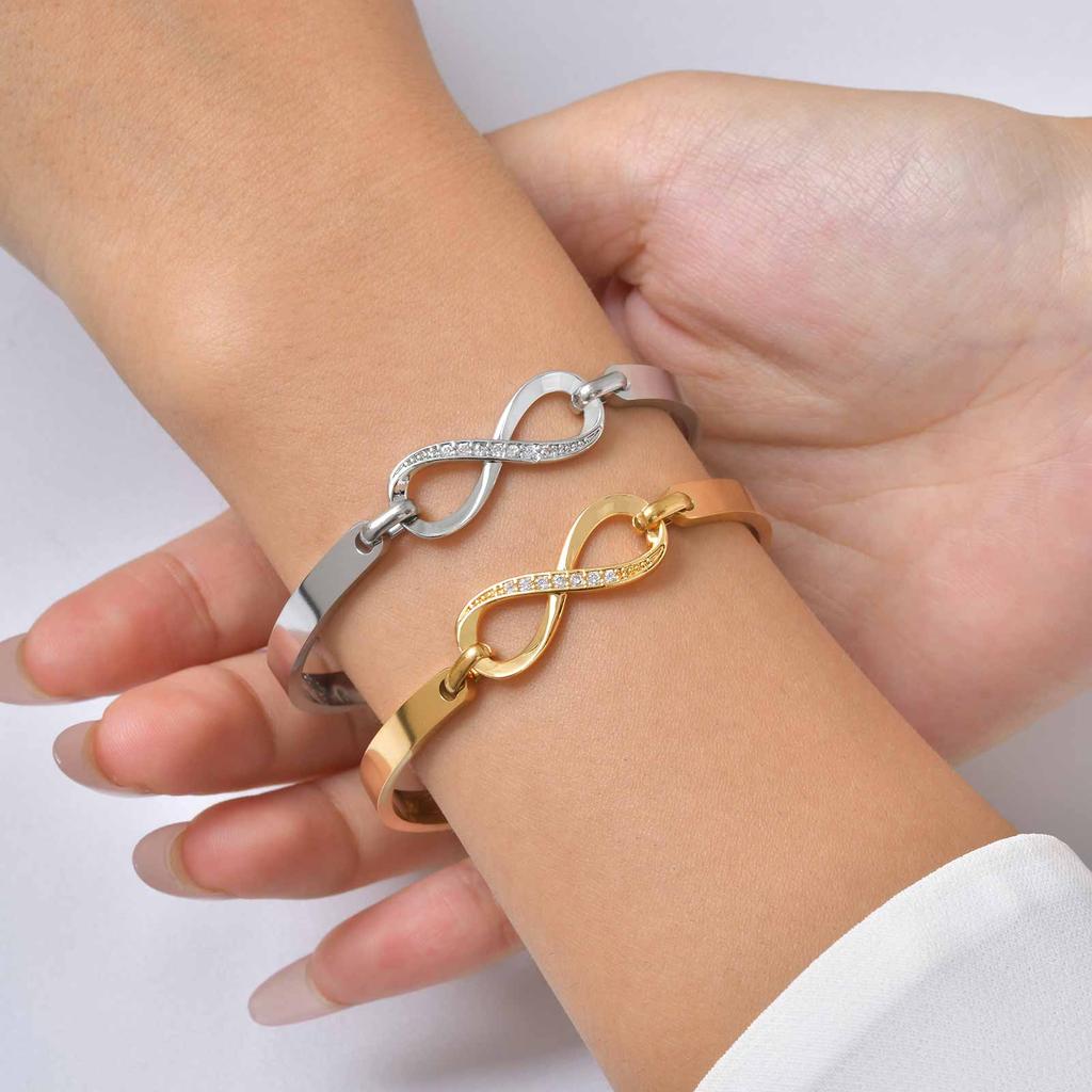 Luxury Zircon Endless Love Infinity Symbol Bracelet for Women, Stainless Steel Adjustable Bangle, Fashion Party Jewelry Gifts